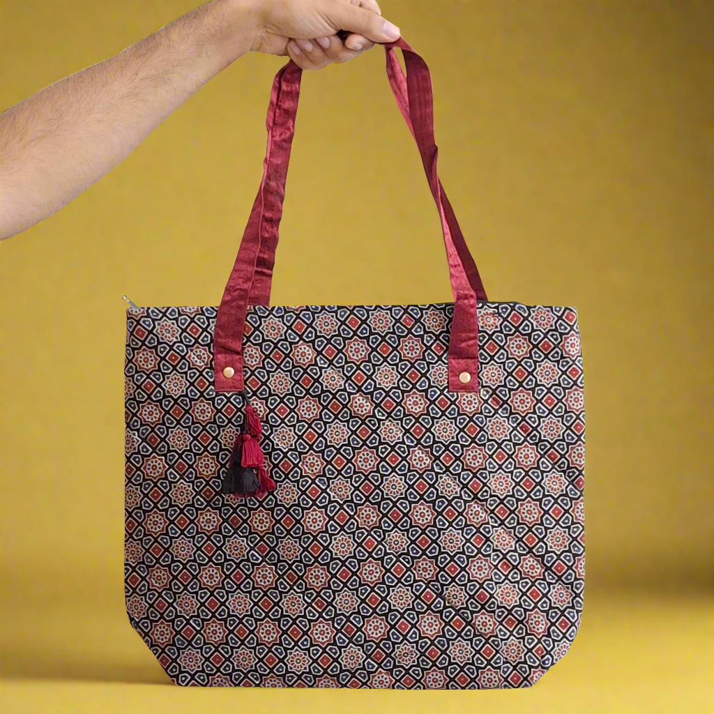 Stars Motifs Black Tote Bag - Block Printed Ajrakh Pattern on Mashru Silk Fabric