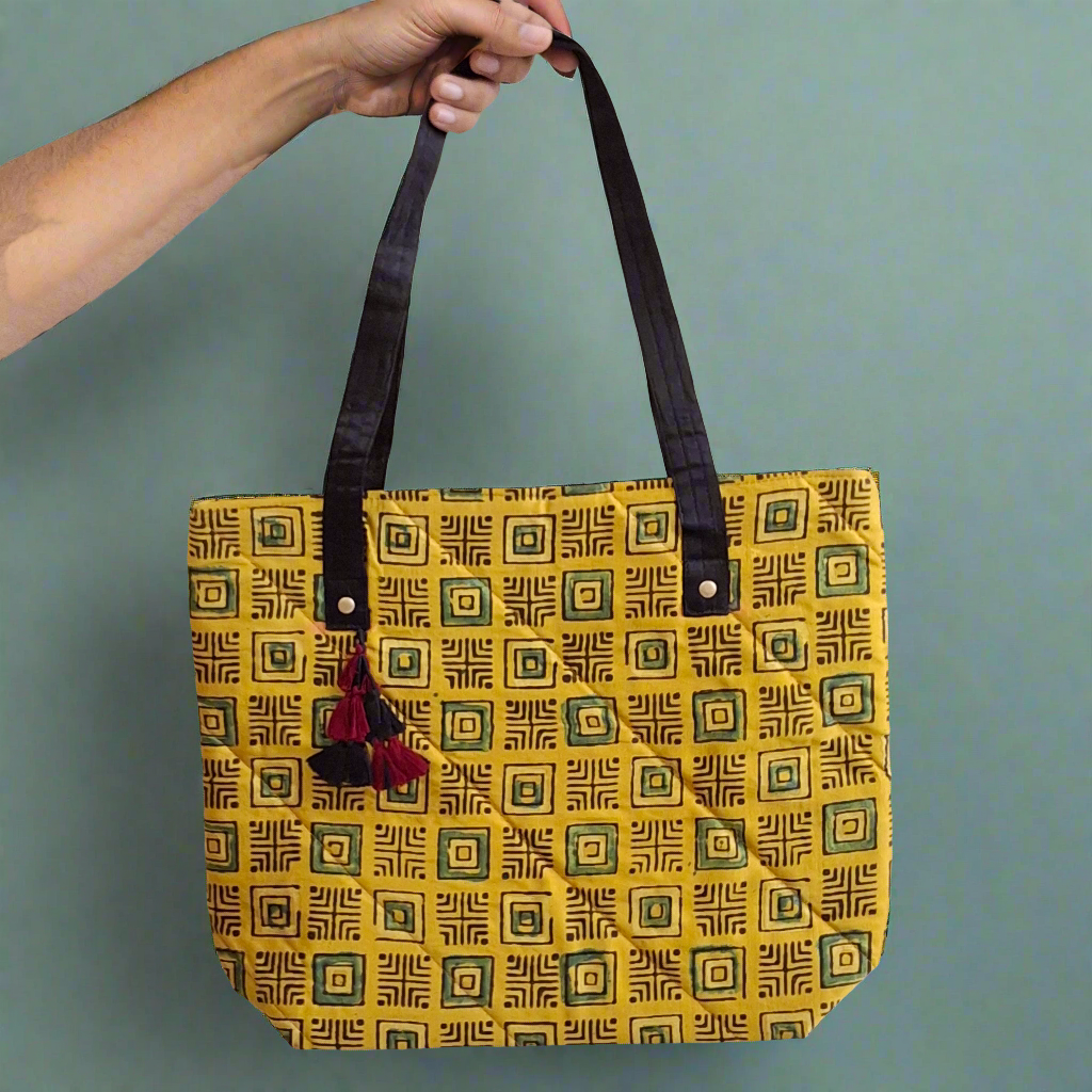Square Motif Mustard Yellow Tote Bag - Block Printed Ajrakh Pattern on Mashru Silk Fabric