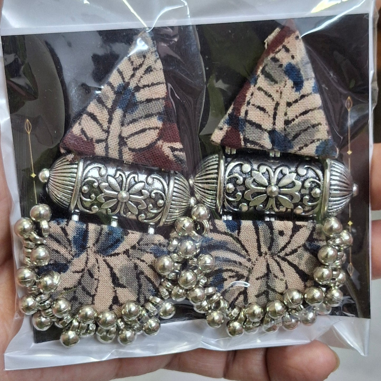 Devi Double Layered Fabric Earrings - Ajrakh Print Festive Danglers