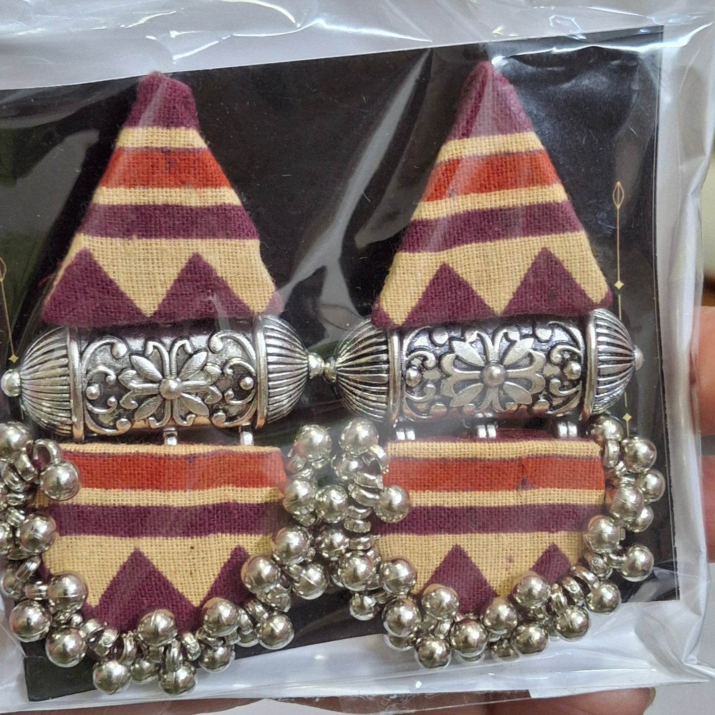 Devi Double Layered Fabric Earrings - Ajrakh Print Festive Danglers