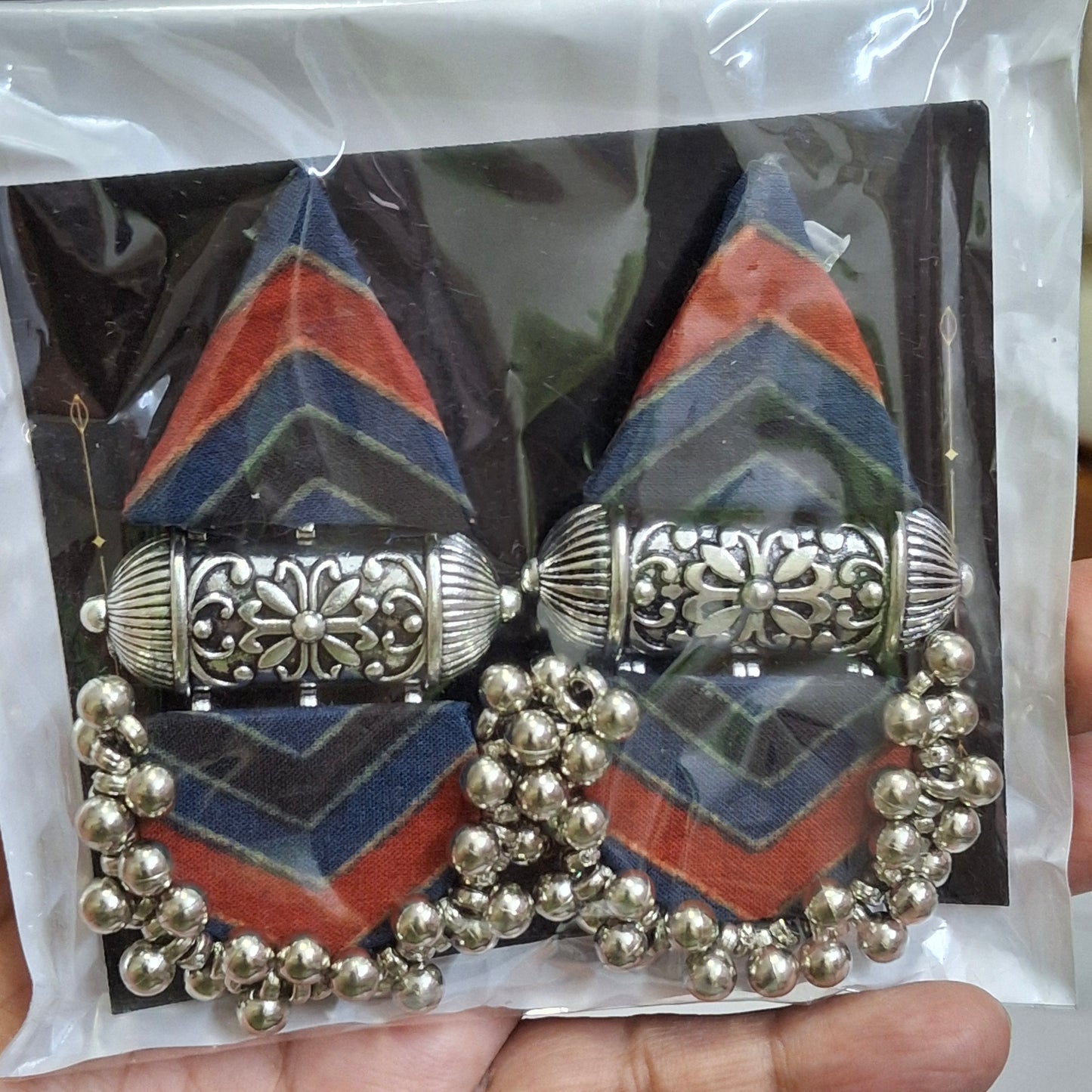 Devi Double Layered Fabric Earrings - Ajrakh Print Festive Danglers