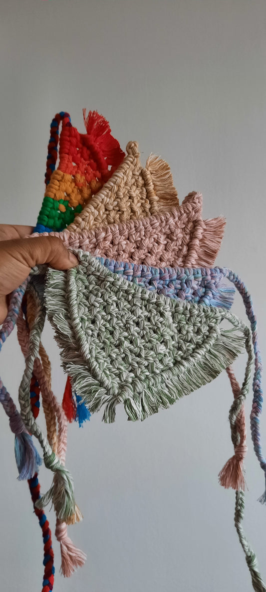 Handmade knotted macrame pet bandana with colorful yarn 