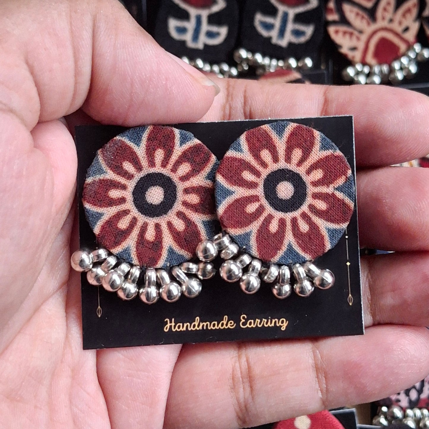 Purna Fabric Earrings - Ajrakh Print Fabric Studs