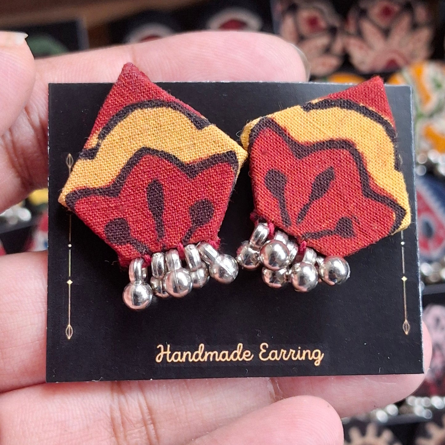 Purna Fabric Earrings - Ajrakh Print Fabric Studs