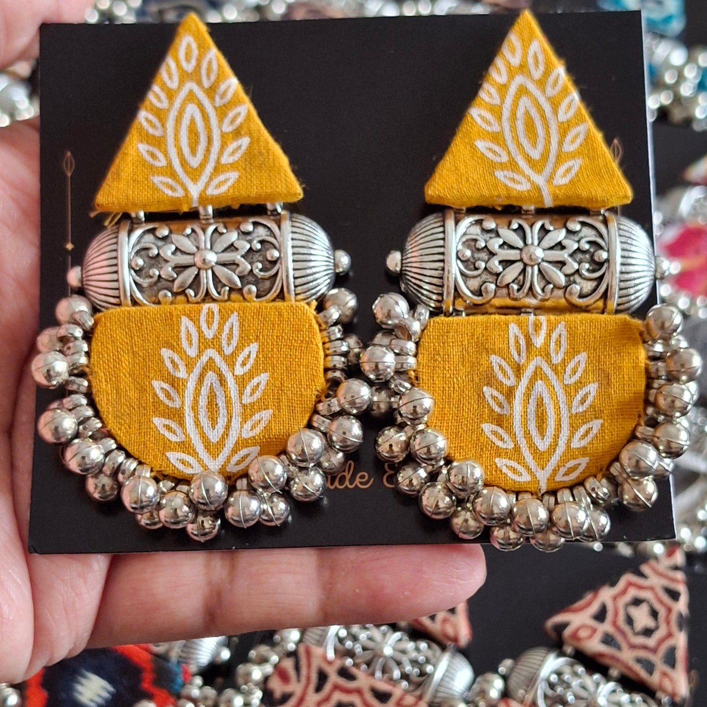 Devi Double Layered Fabric Earrings - Ajrakh Print Festive Danglers