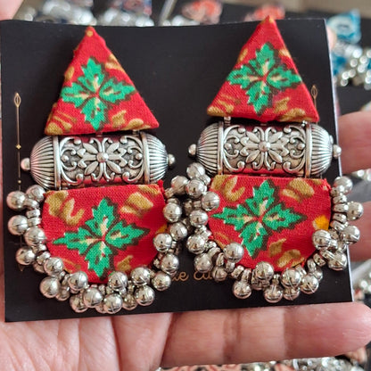 Devi Double Layered Fabric Earrings - Ajrakh Print Festive Danglers