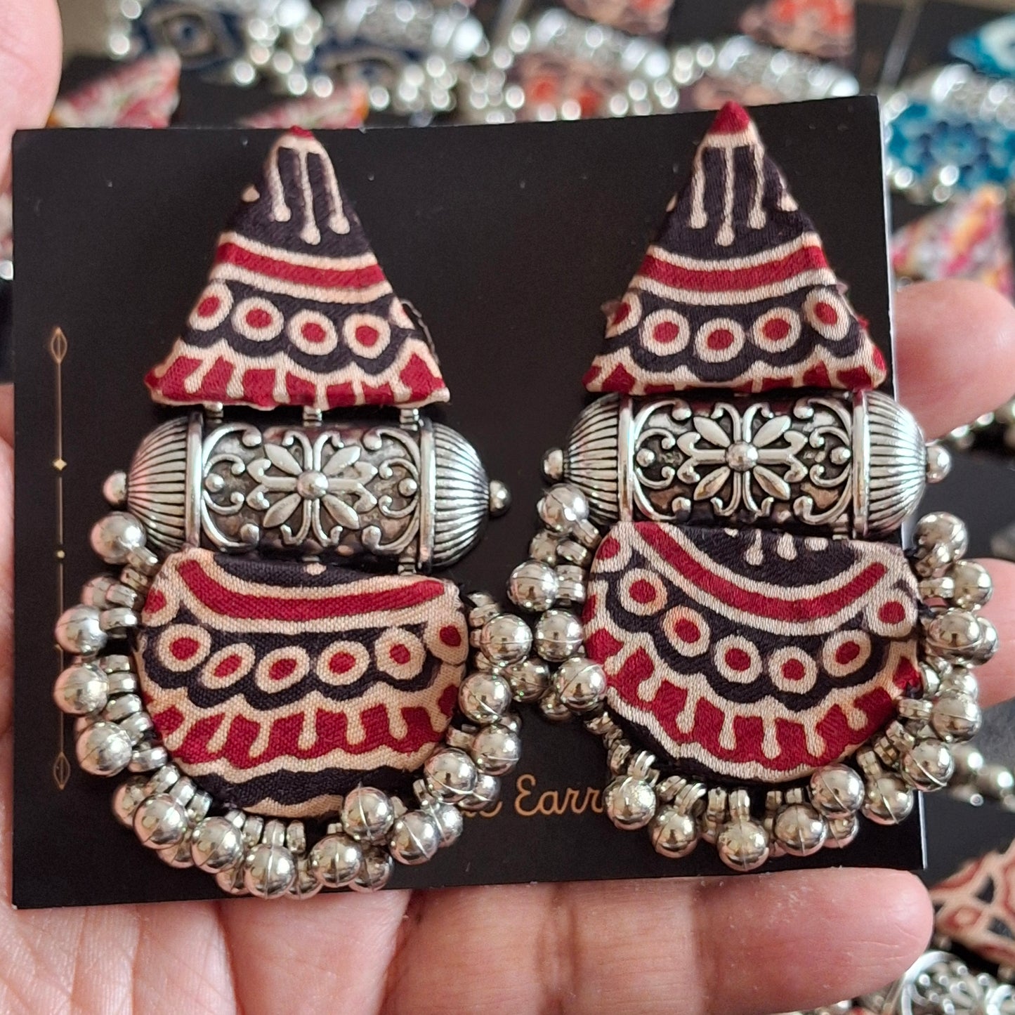 Devi Double Layered Fabric Earrings - Ajrakh Print Festive Danglers