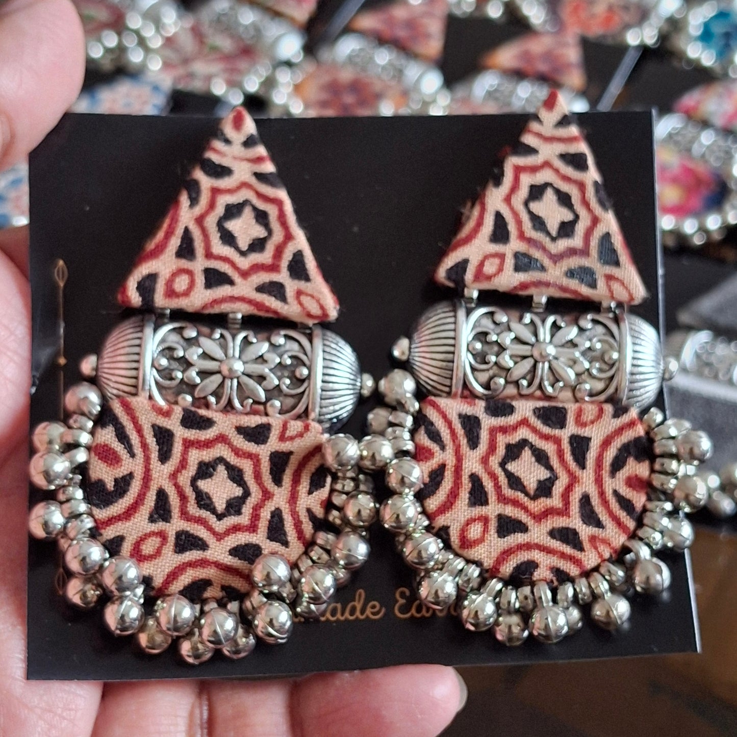 Devi Double Layered Fabric Earrings - Ajrakh Print Festive Danglers