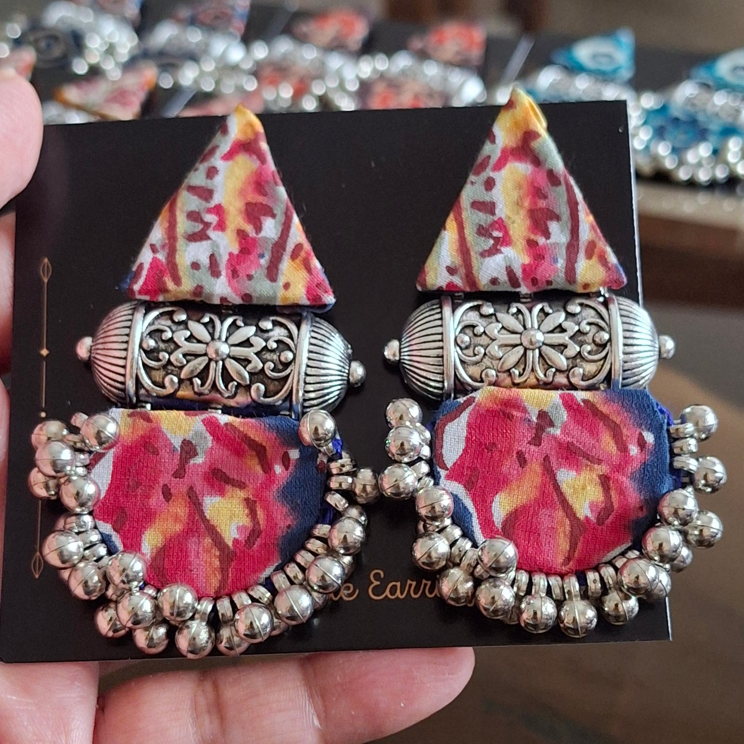 Devi Double Layered Fabric Earrings - Ajrakh Print Festive Danglers