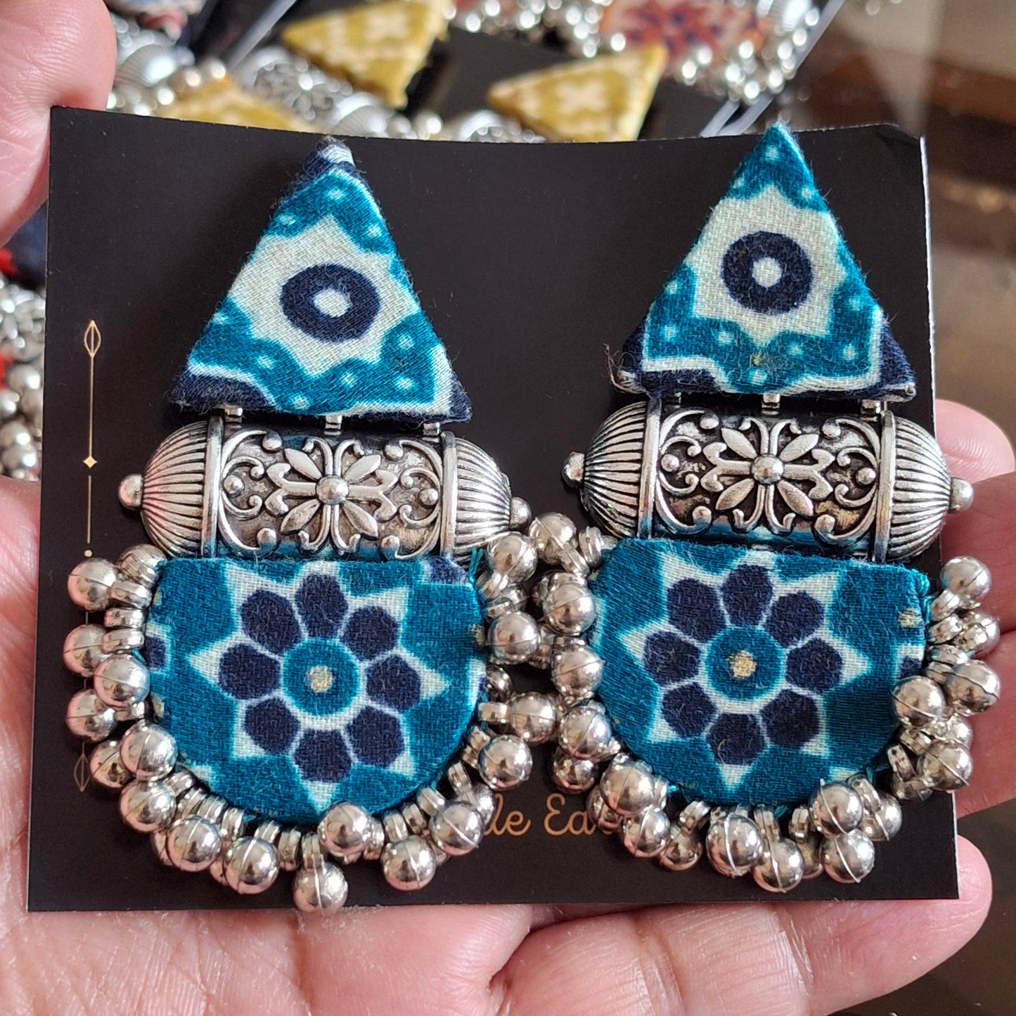 Devi Double Layered Fabric Earrings - Ajrakh Print Festive Danglers