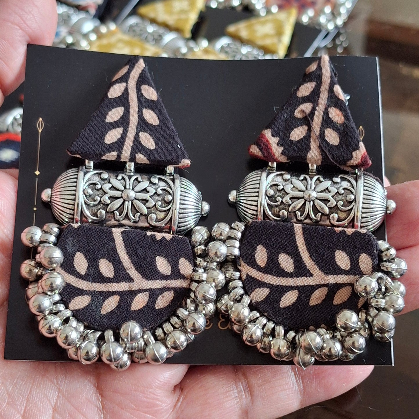 Devi Double Layered Fabric Earrings - Ajrakh Print Festive Danglers