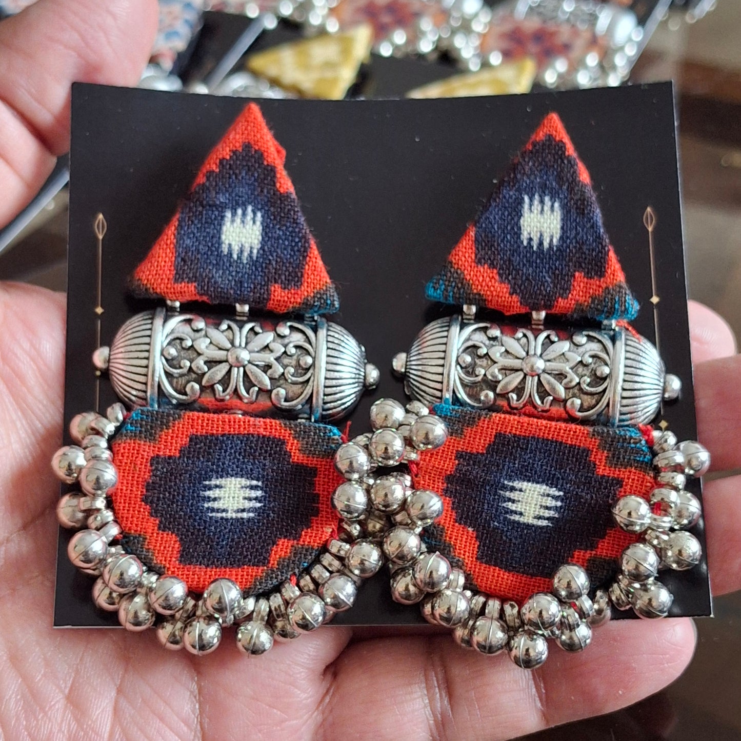 Devi Double Layered Fabric Earrings - Ajrakh Print Festive Danglers