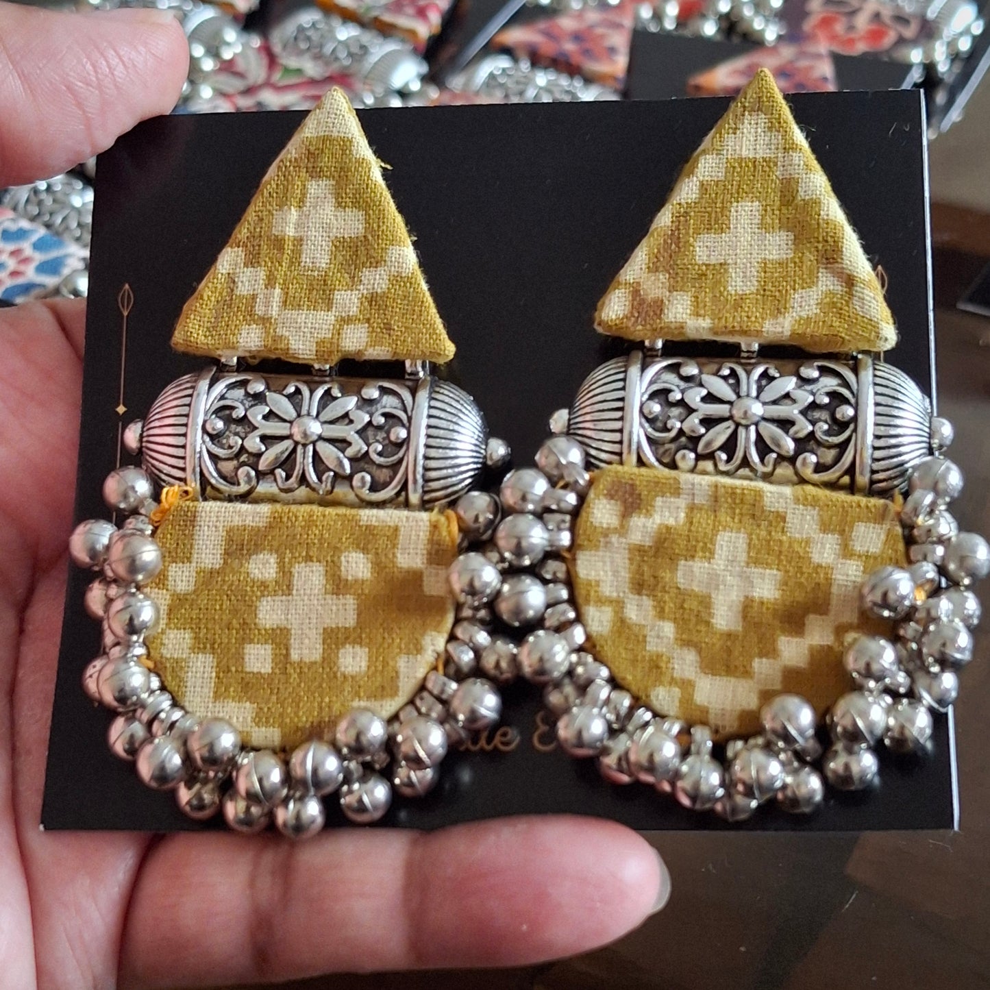 Devi Double Layered Fabric Earrings - Ajrakh Print Festive Danglers