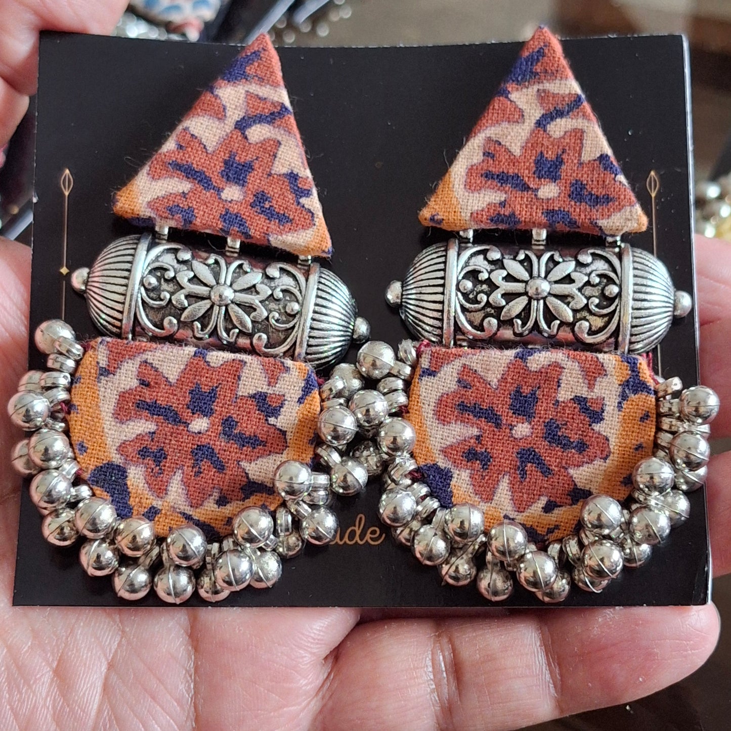 Devi Double Layered Fabric Earrings - Ajrakh Print Festive Danglers