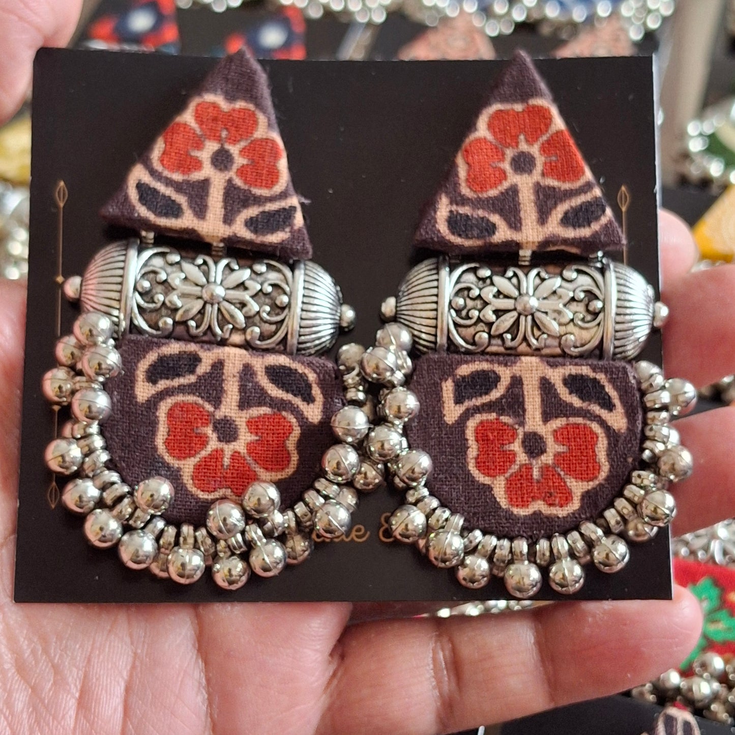 Devi Double Layered Fabric Earrings - Ajrakh Print Festive Danglers