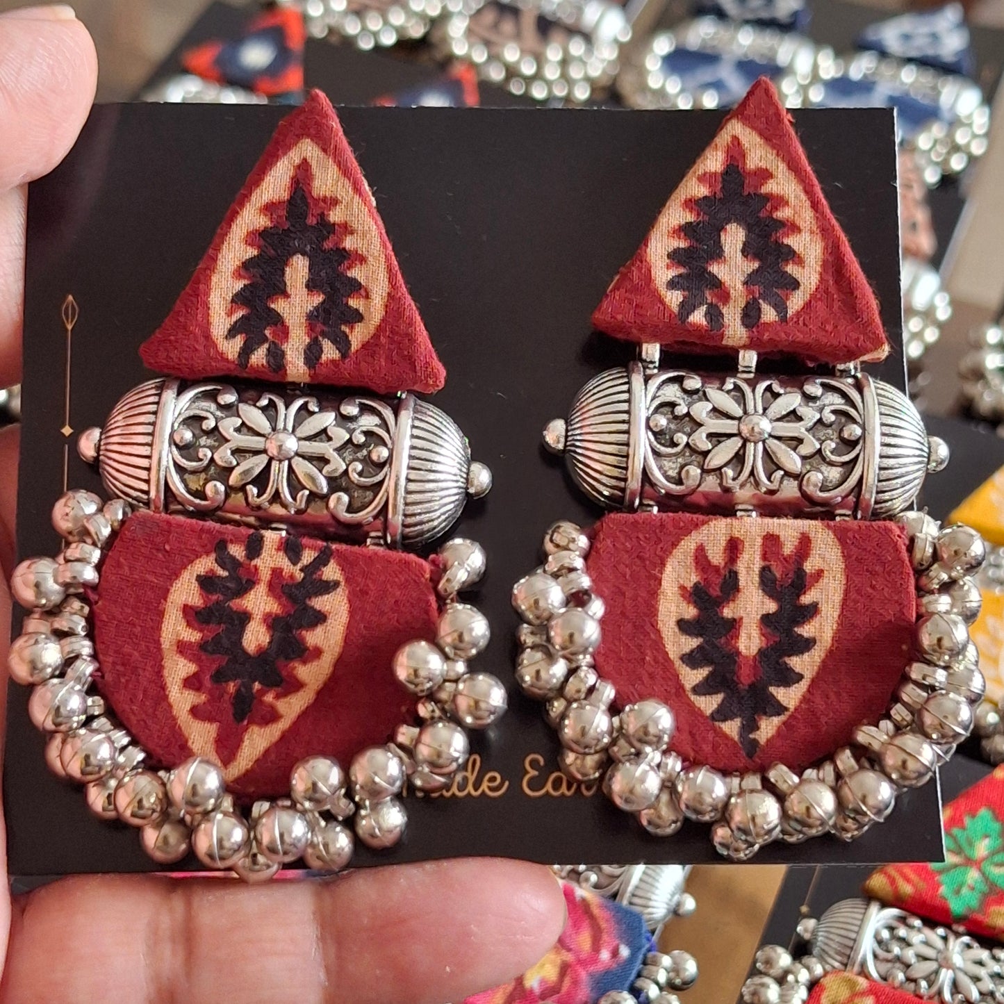 Devi Double Layered Fabric Earrings - Ajrakh Print Festive Danglers