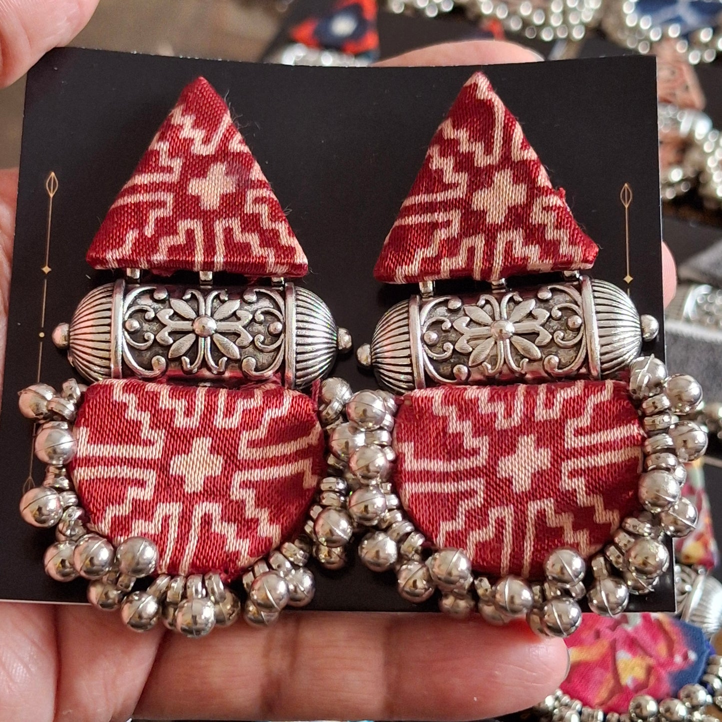 Devi Double Layered Fabric Earrings - Ajrakh Print Festive Danglers