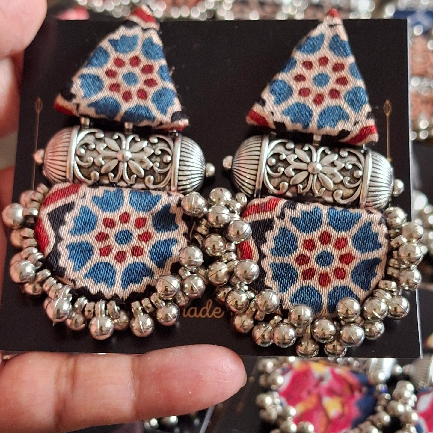 Devi Double Layered Fabric Earrings - Ajrakh Print Festive Danglers