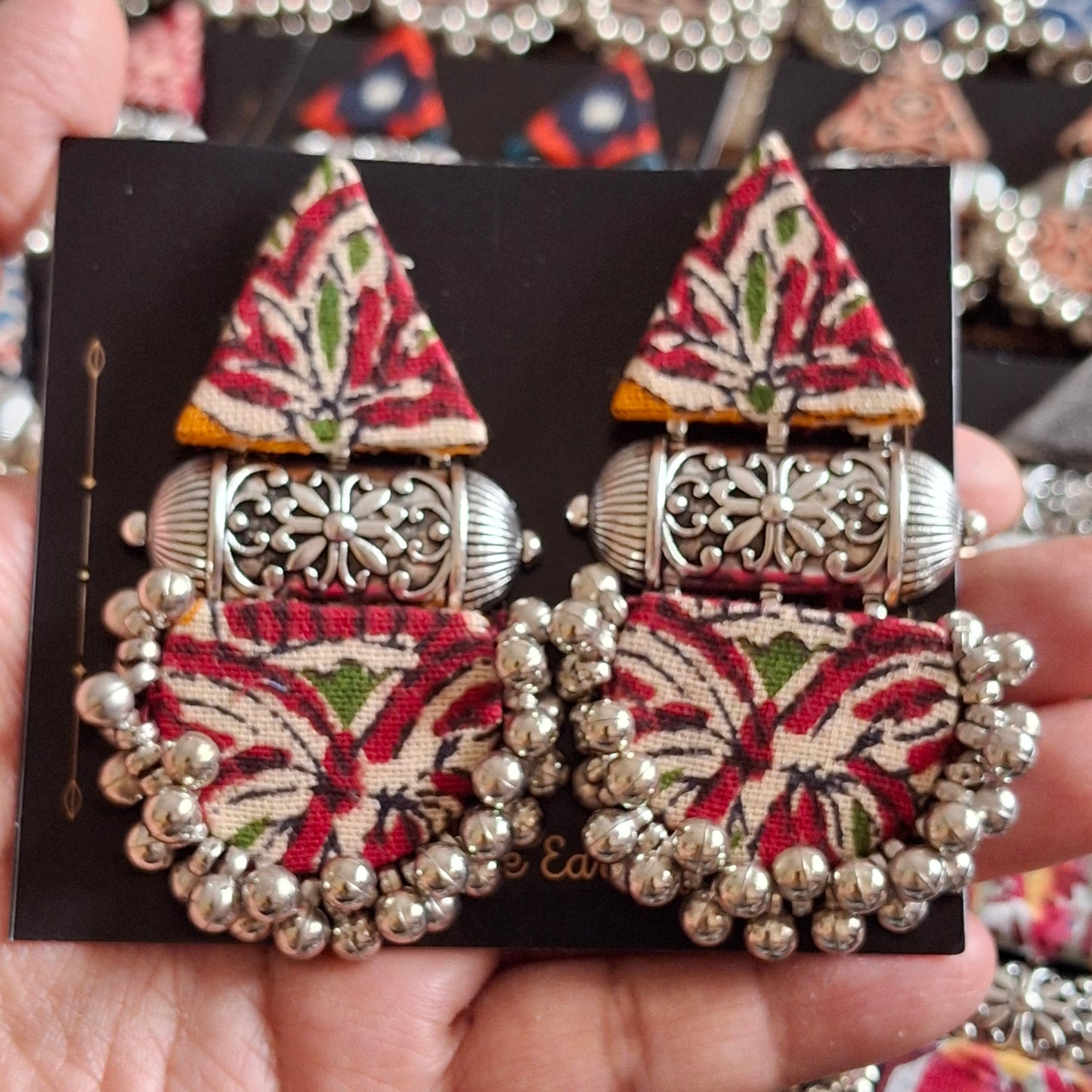 Devi Double Layered Fabric Earrings - Ajrakh Print Festive Danglers