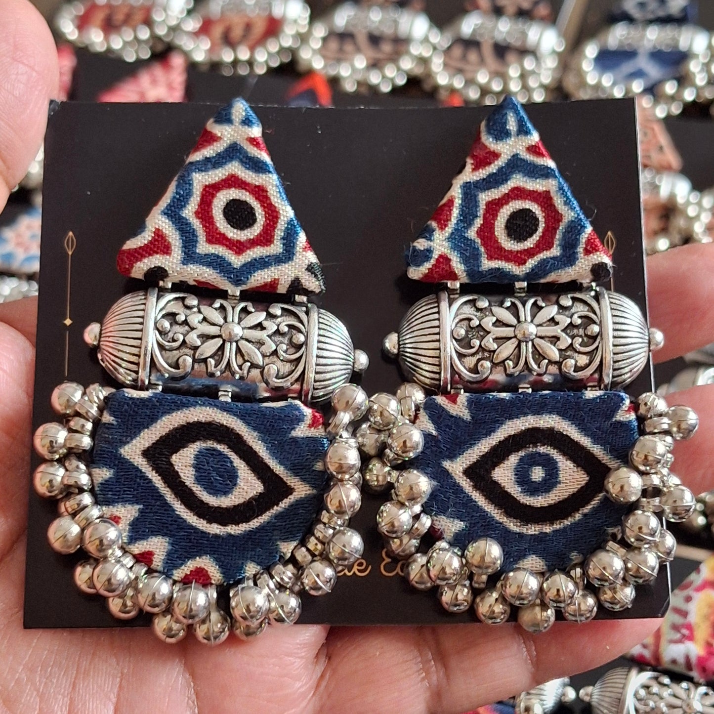 Devi Double Layered Fabric Earrings - Ajrakh Print Festive Danglers