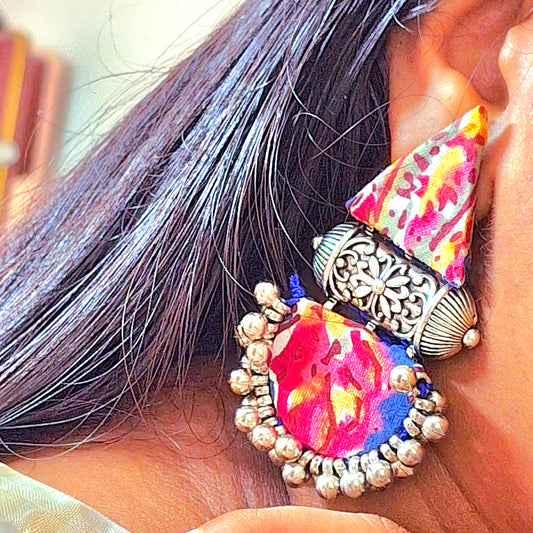 Devi Double Layered Fabric Earrings - Ajrakh Print Festive Danglers