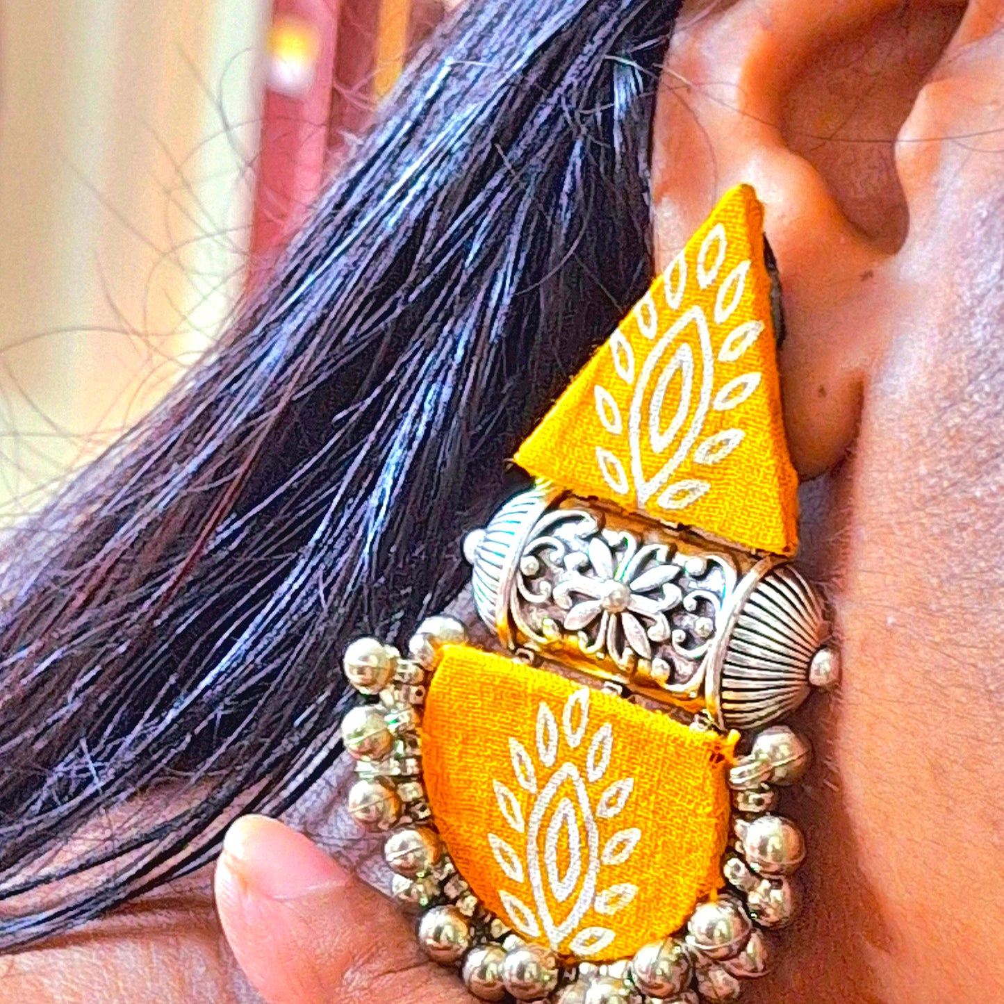 Devi Double Layered Fabric Earrings - Ajrakh Print Festive Danglers