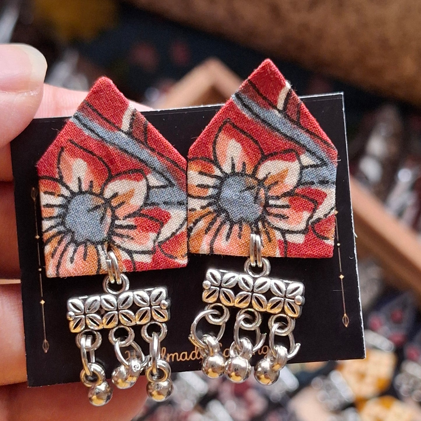 Netra Fabric Earrings - Ajrakh Print Triangular Fabric Studs