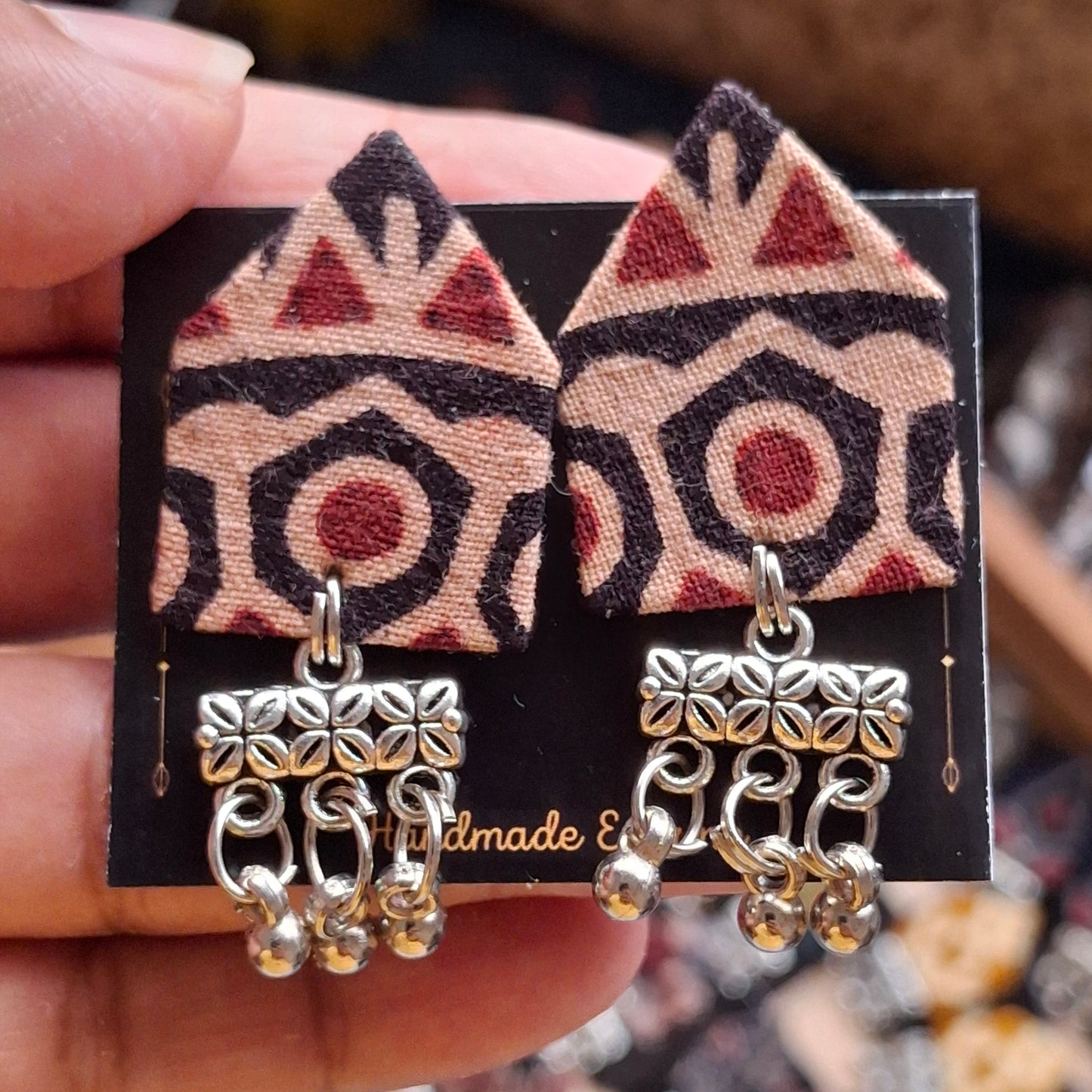 Netra Fabric Earrings - Ajrakh Print Triangular Fabric Studs