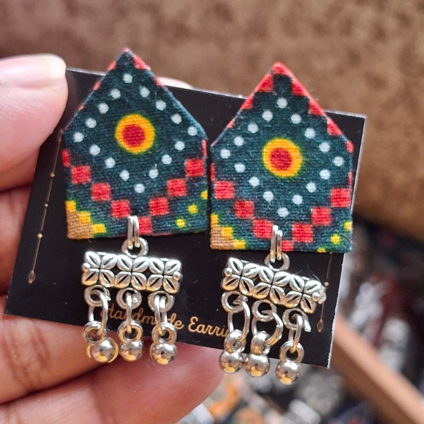 Netra Fabric Earrings - Ajrakh Print Triangular Fabric Studs