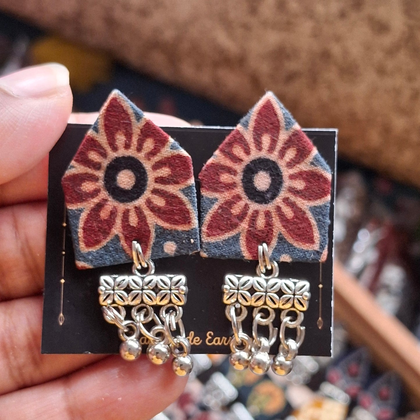 Netra Fabric Earrings - Ajrakh Print Triangular Fabric Studs