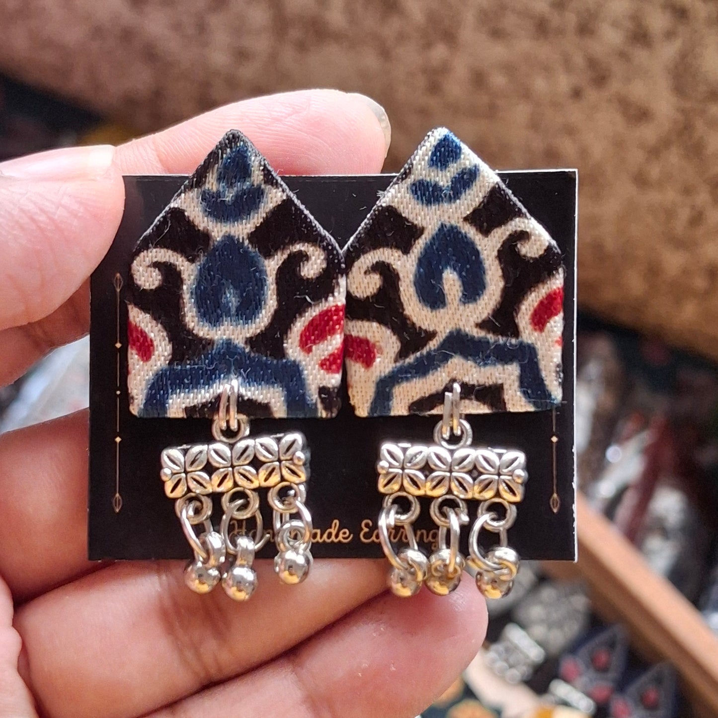 Netra Fabric Earrings - Ajrakh Print Triangular Fabric Studs