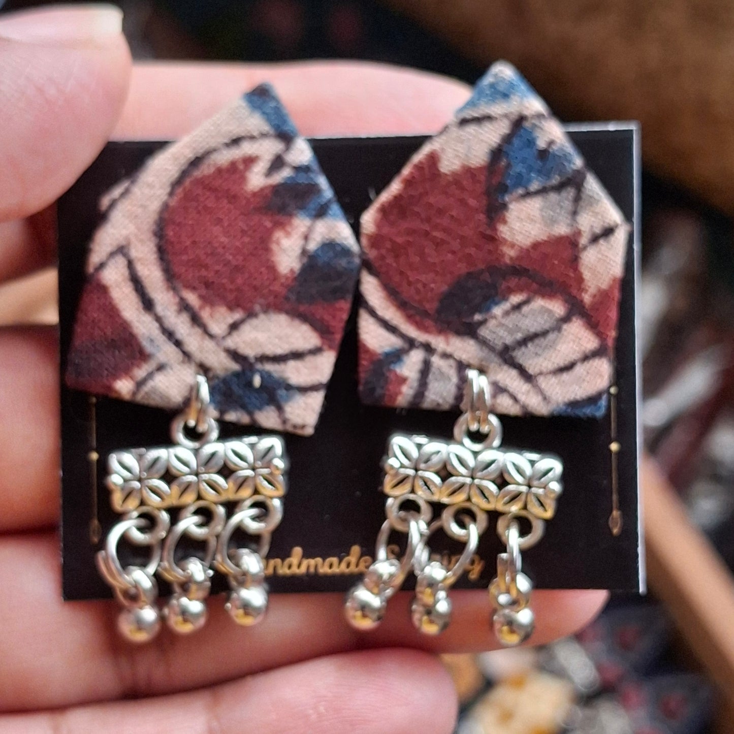 Netra Fabric Earrings - Ajrakh Print Triangular Fabric Studs