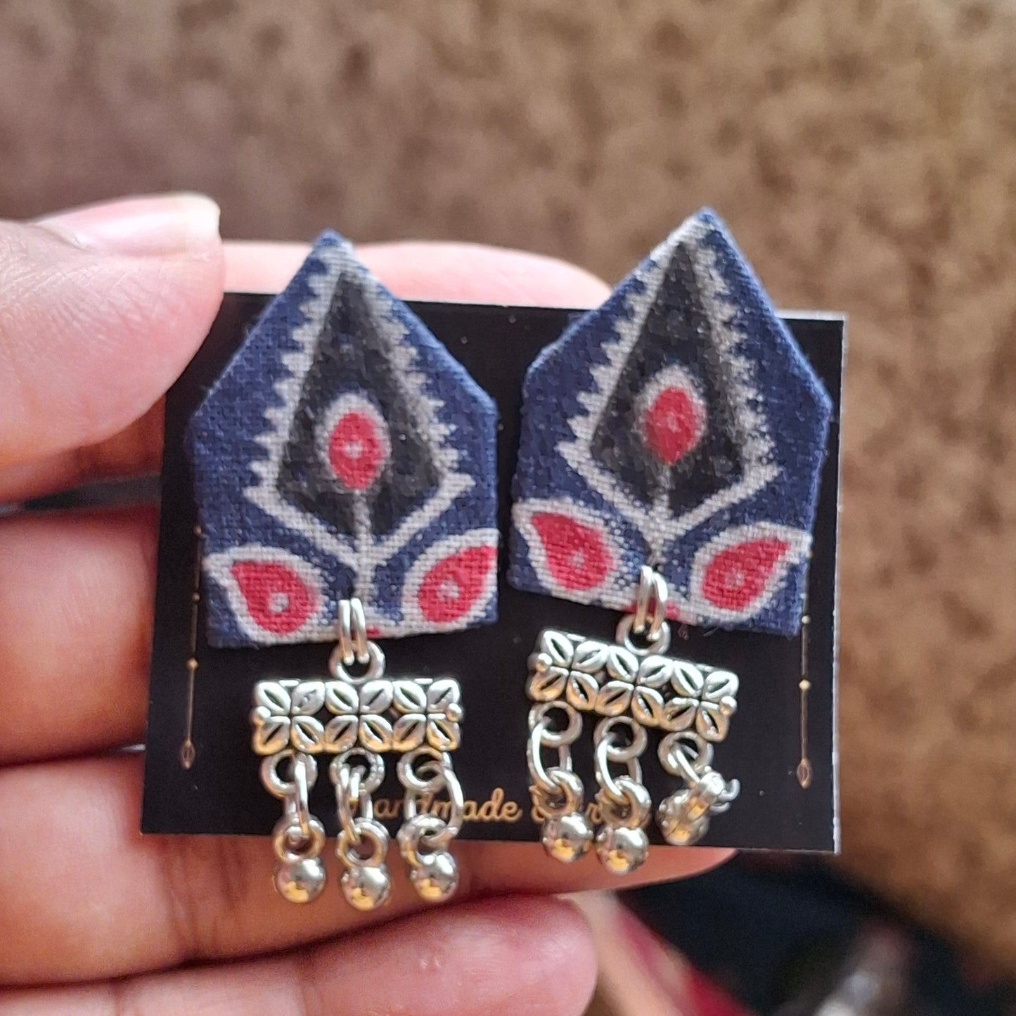 Netra Fabric Earrings - Ajrakh Print Triangular Fabric Studs