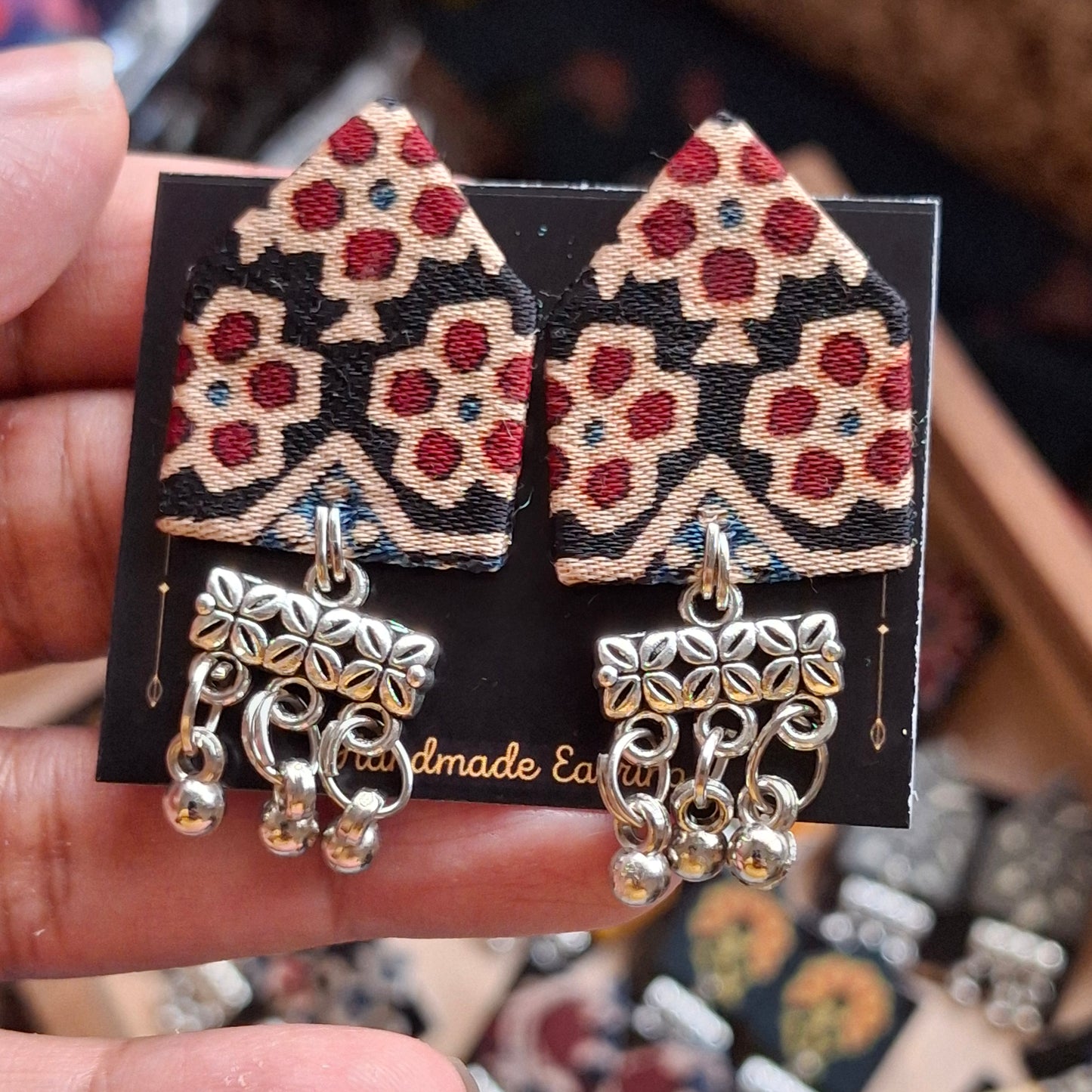 Netra Fabric Earrings - Ajrakh Print Triangular Fabric Studs