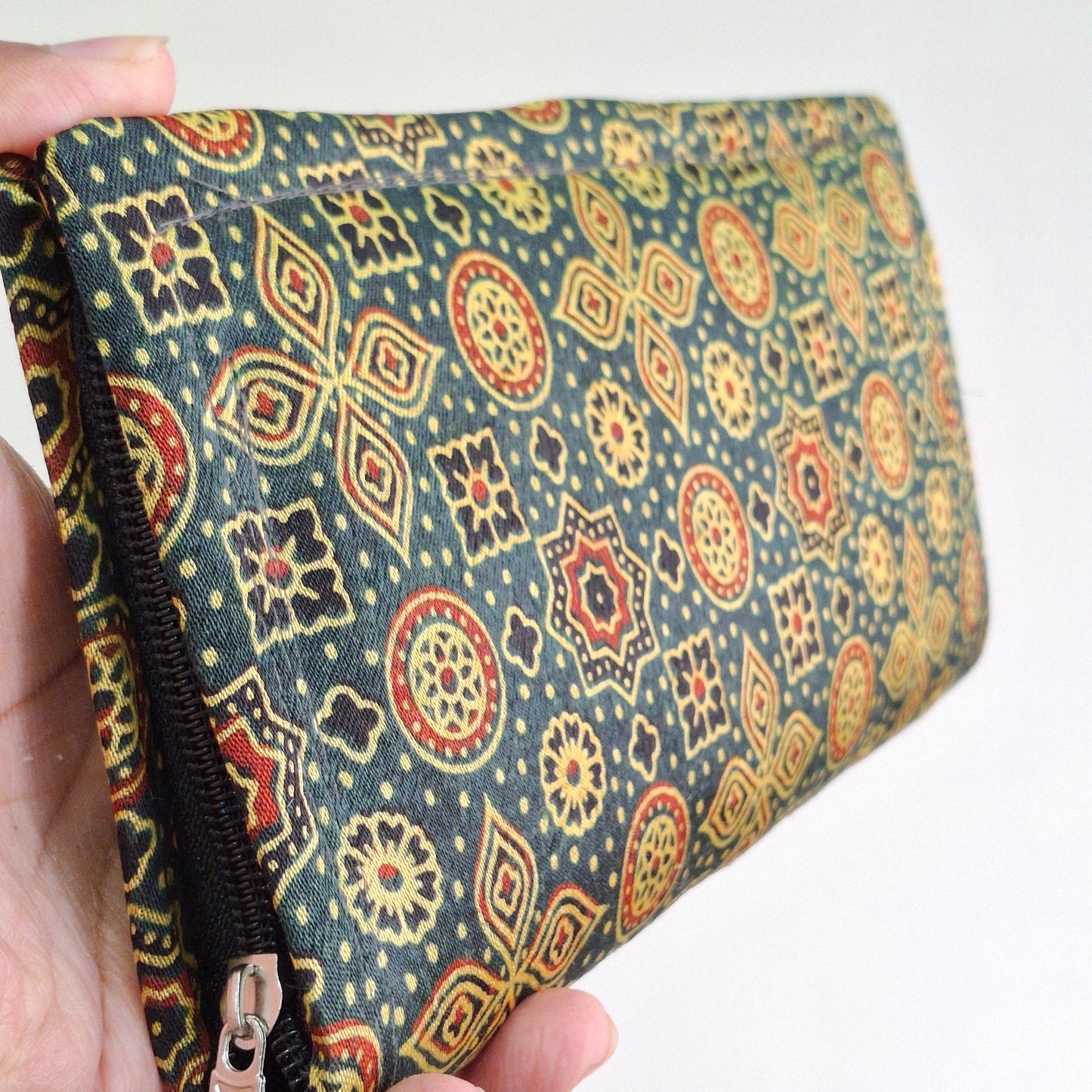 Emerald Green Wallets/Clutch - Block Printed Ajrakh Print on Mashru Silk Fabric