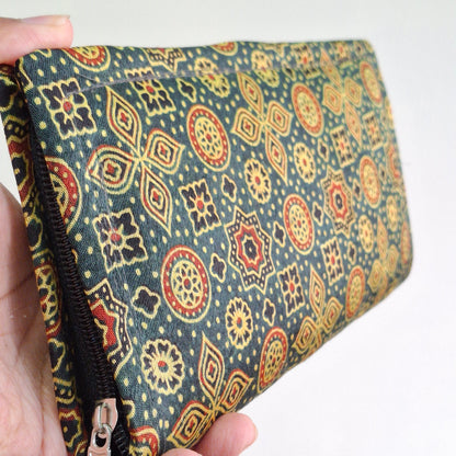 Emerald Green Wallets/Clutch - Block Printed Ajrakh on Mashru Silk Fabric