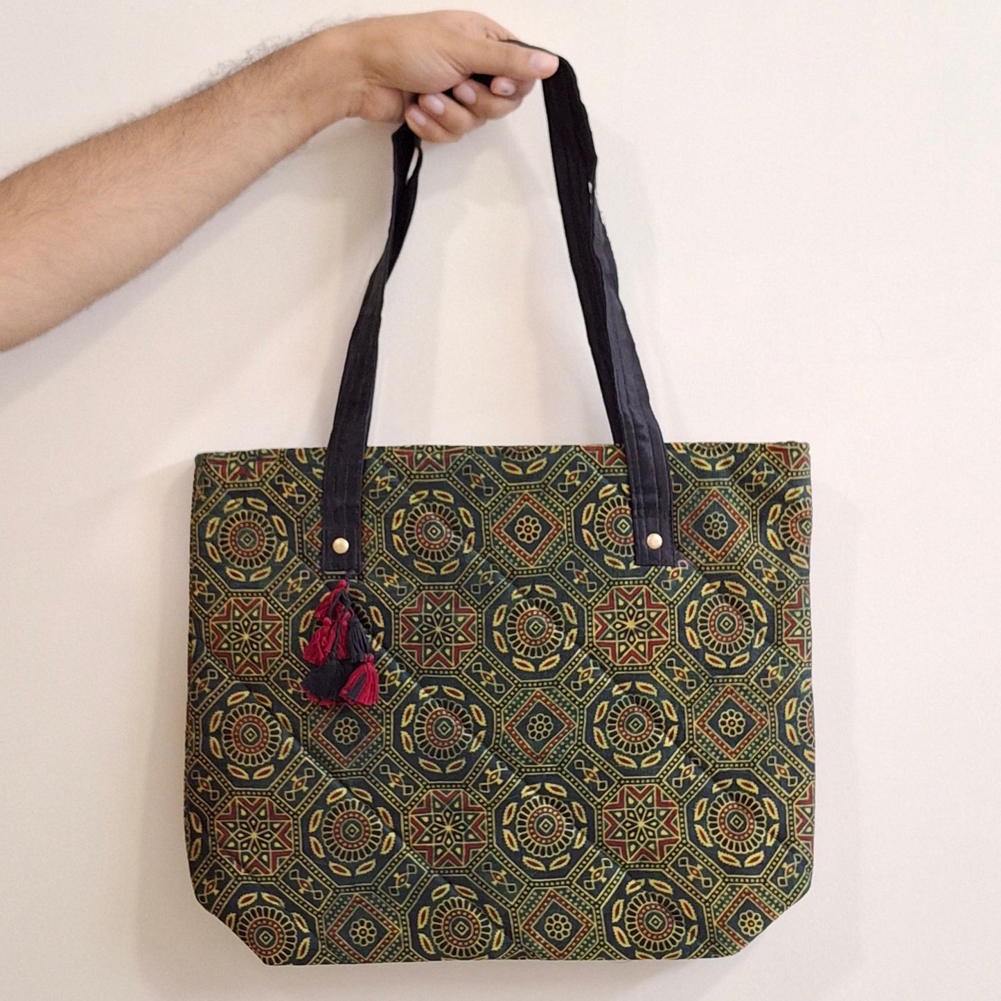 Nature Hexagon Motif Green Tote Bag - Block Printed Ajrakh Print on Mashru Silk Fabric