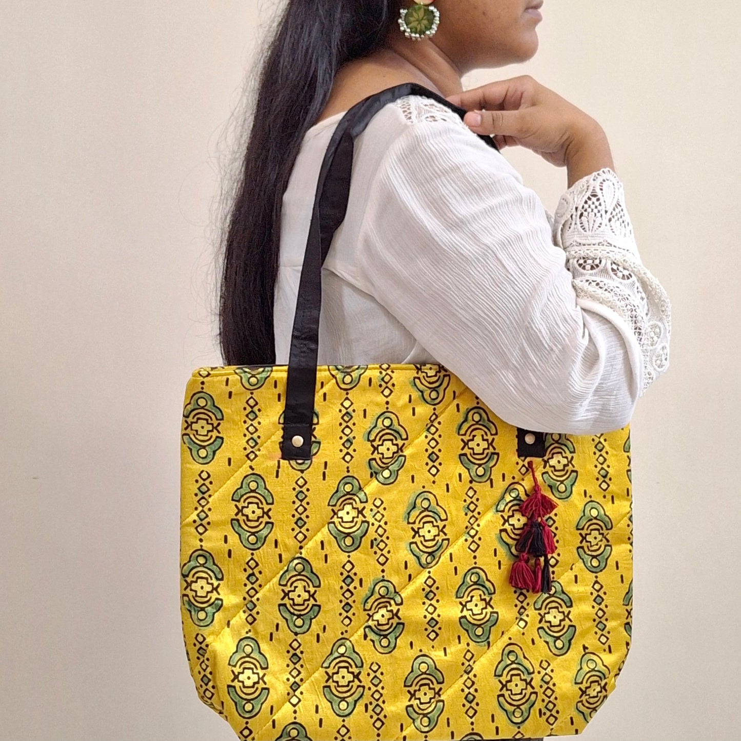 Contemporary Motif Mustard Yellow Tote Bag - Block Printed Ajrakh Print on Mashru Silk Fabric