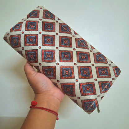 Beige Wallets/Clutch - Block Printed Ajrakh on Mashru Silk Fabric