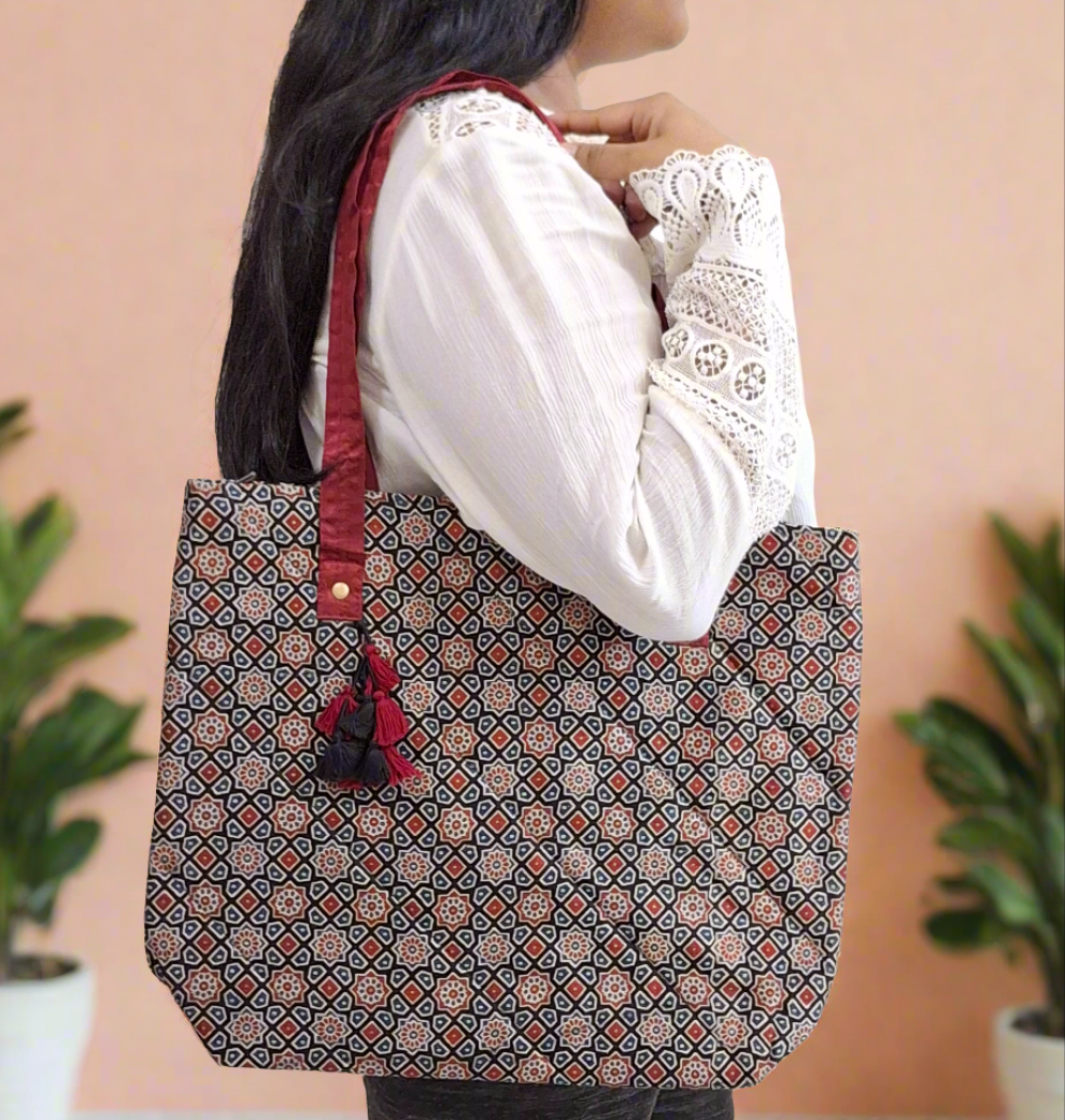 Stars Motifs Black Tote Bag - Block Printed Ajrakh Print on Mashru Silk Fabric