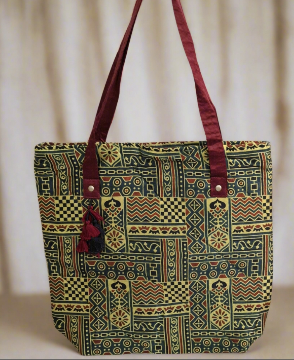 Nature Block Motifs Emerald Green Tote Bag - Block Printed Ajrakh Print on Mashru Silk Fabric