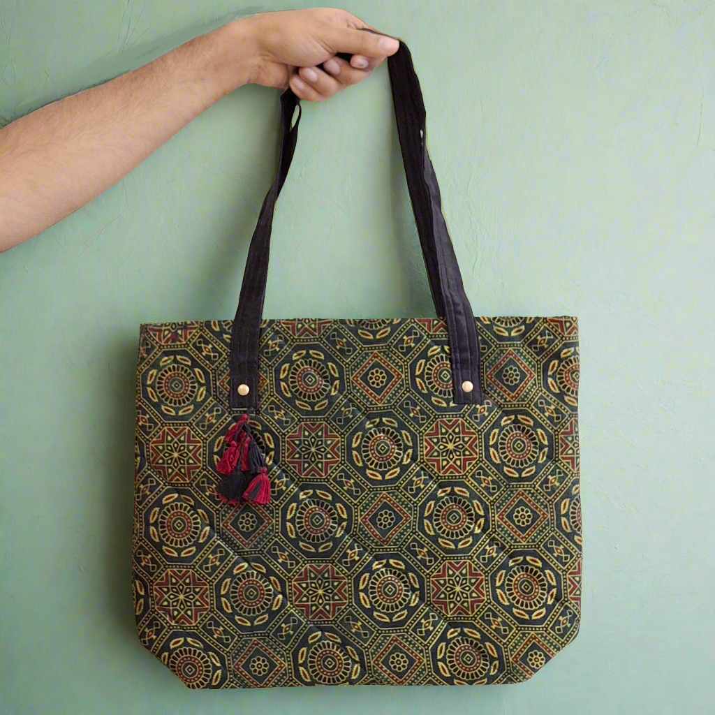 Nature Hexagon Motif Green Tote Bag - Block Printed Ajrakh Print on Mashru Silk Fabric