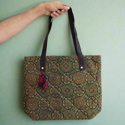 Nature Hexagon Motif Green Tote Bag - Block Printed Ajrakh Print on Mashru Silk Fabric