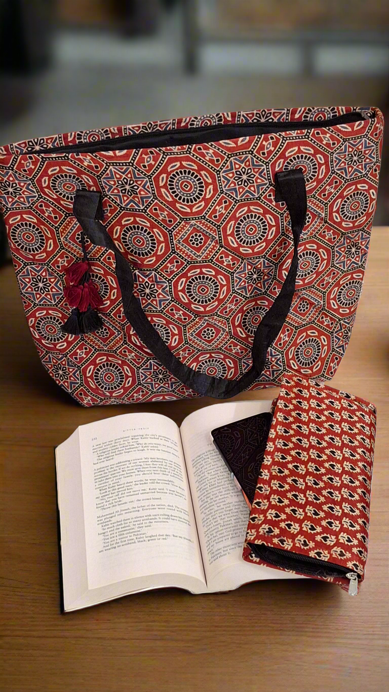 Nature Hexagon Motif Beige Tote Bag - Block Printed Ajrakh Print on Mashru Silk Fabric