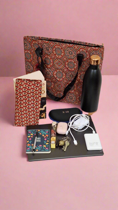 Square Motif Mustard Yellow Tote Bag - Block Printed Ajrakh Pattern on Mashru Silk Fabric