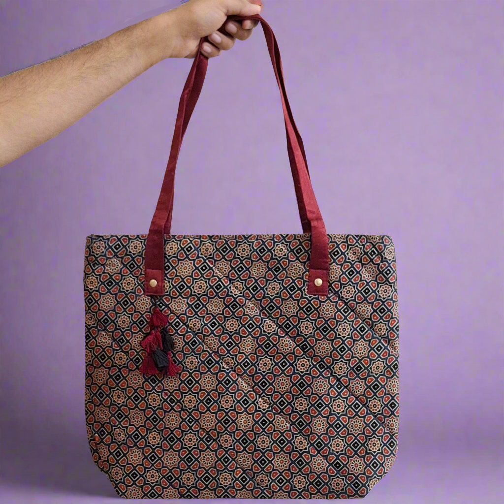 Stars Motifs Blue Tote Bag - Block Printed Ajrakh Print on Mashru Silk Fabric