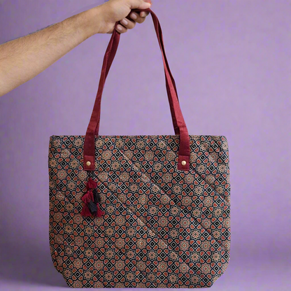 Stars Motifs Blue Tote Bag - Block Printed Ajrakh Print on Mashru Silk Fabric