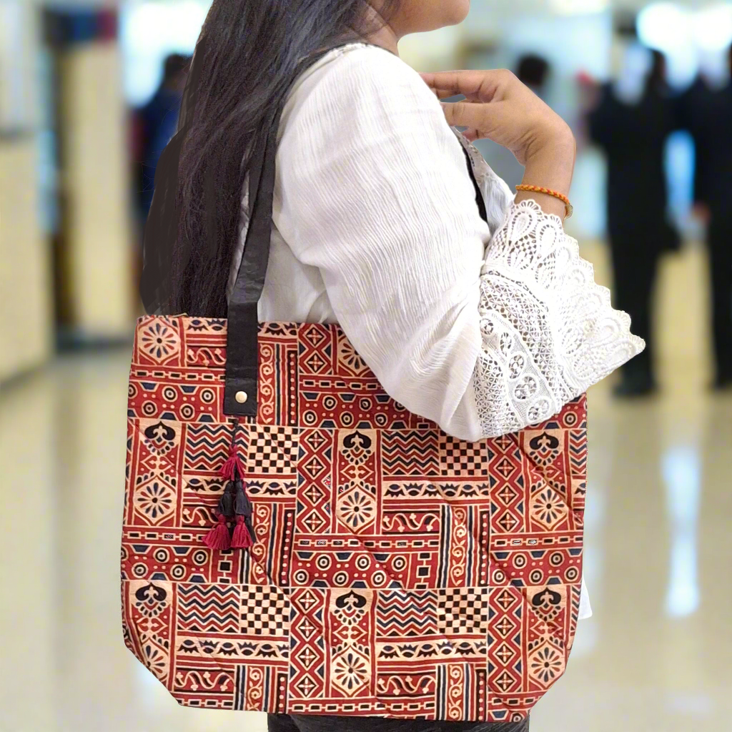 Nature Block Motif Red Tote Bag - Block Printed Ajrakh Print on Mashru Silk Fabric