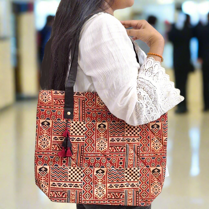 Nature Block Motif Red Tote Bag - Block Printed Ajrakh Print on Mashru Silk Fabric