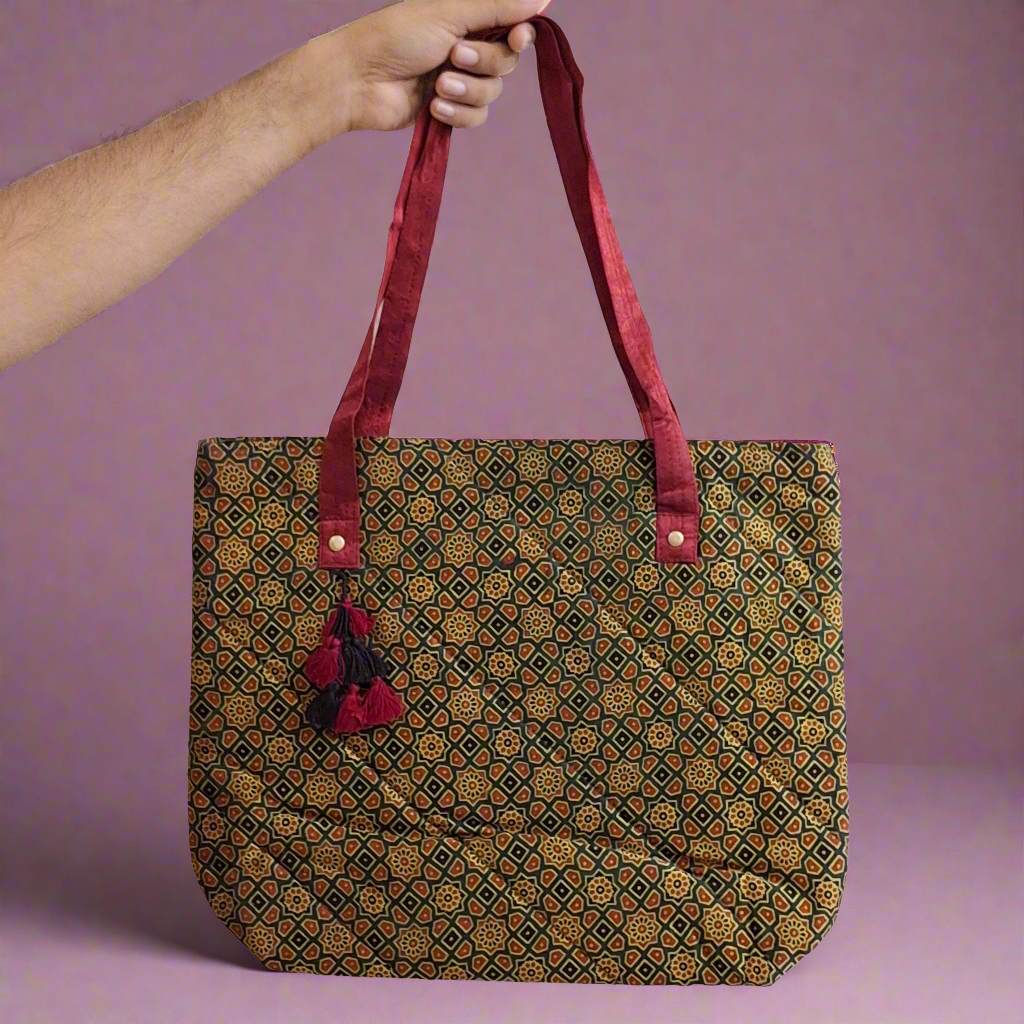 Stars Motifs Emerald Green Tote Bag - Block Printed Ajrakh Print on Mashru Silk Fabric